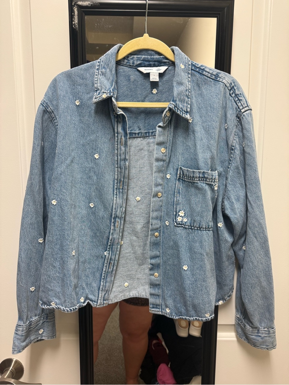 Old Navy Light Blue Denim Button-Down Shirt with Daisy Embroidery